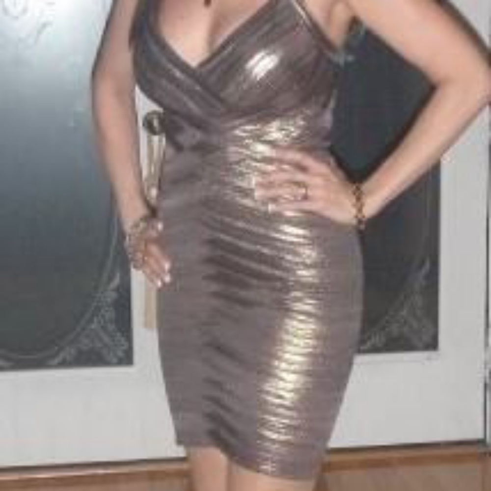 BCBG MAX AZARIA Metallic Bronze Gold Bandage dress